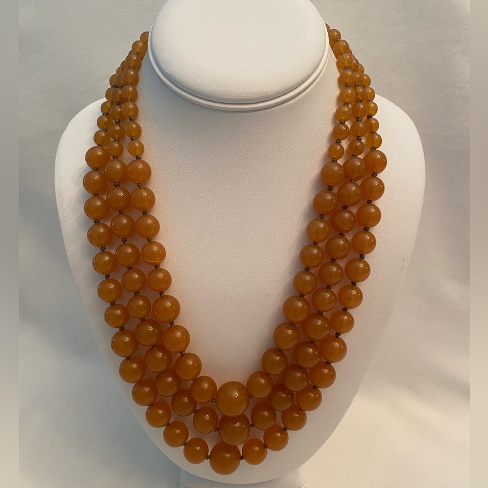 TALBOTS Necklace Layered 3 Row Beaded Amber Statement Gold Tone 22 in